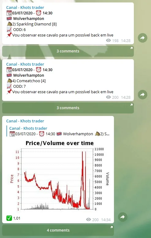 Tips no canal do Telegram: corrida, cavalo, odd e o gráfico de preço da operação